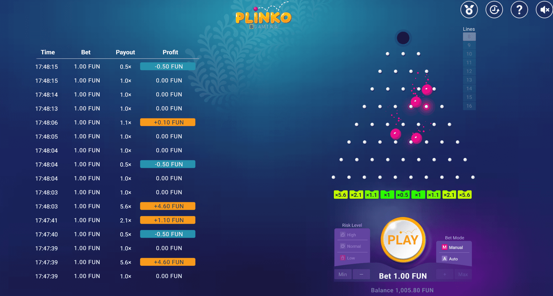 Plinko demo game screen