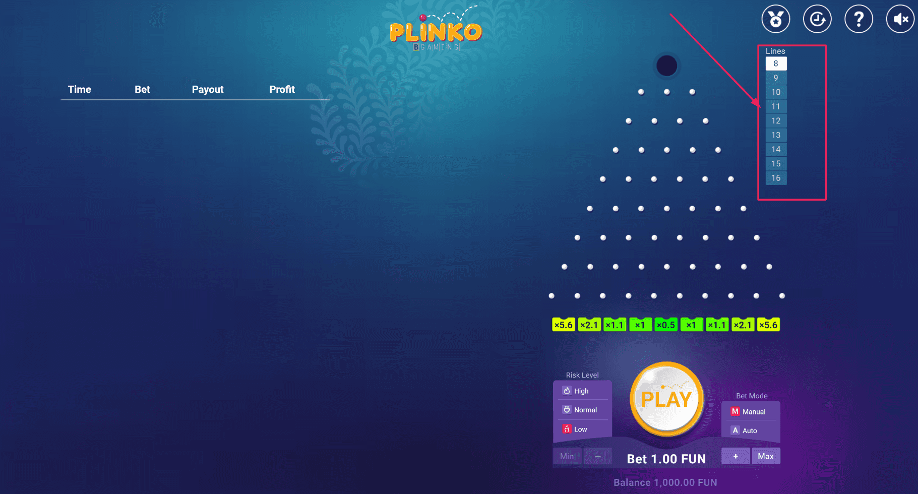 Tablero del juego Plinko mostrando selección de líneas de 8 a 16