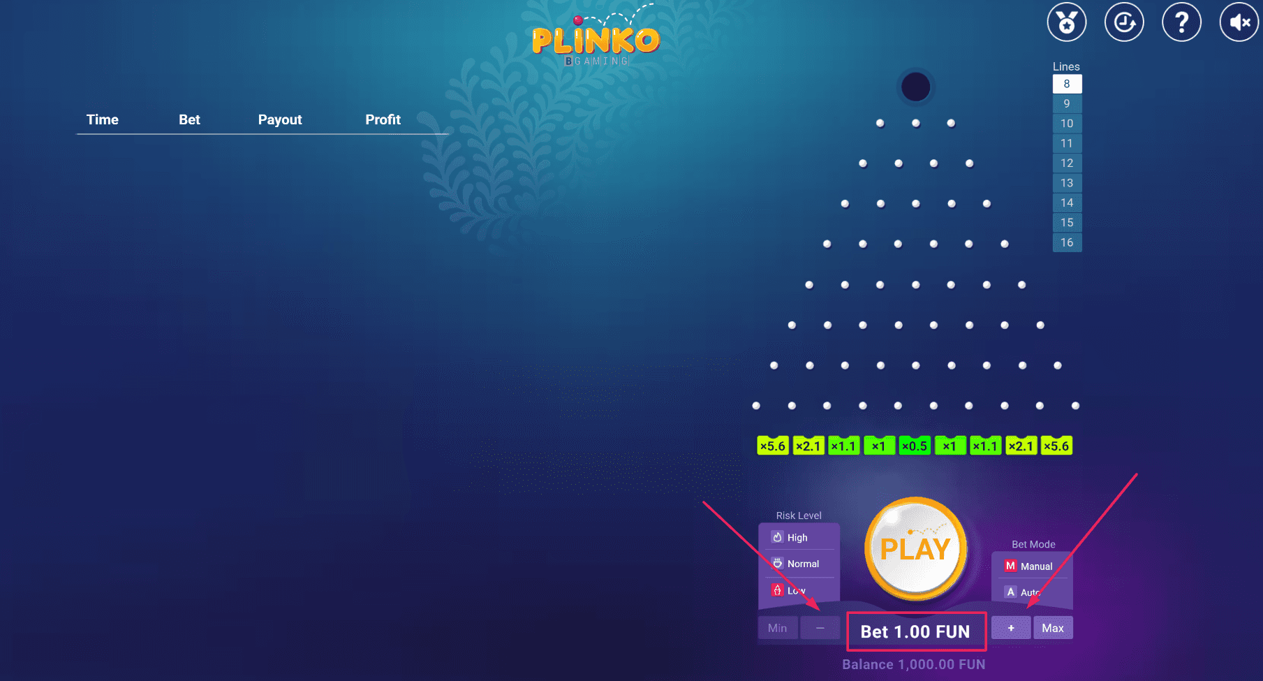 Interfaz de apuestas de BGaming Plinko para juego con dinero real en línea