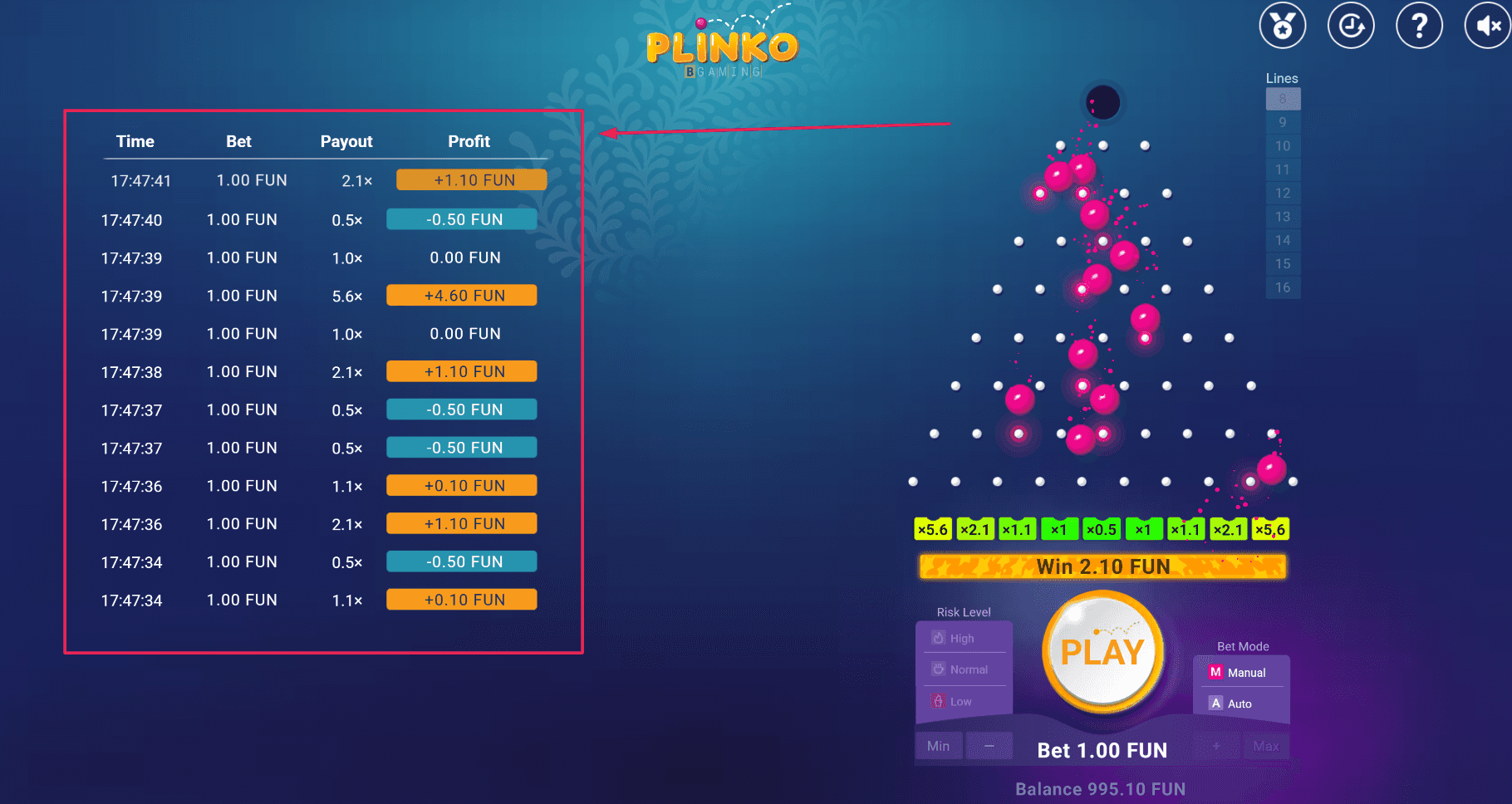 Tabla de resultados y ranuras multiplicadoras del juego Plinko mostrando ganancias