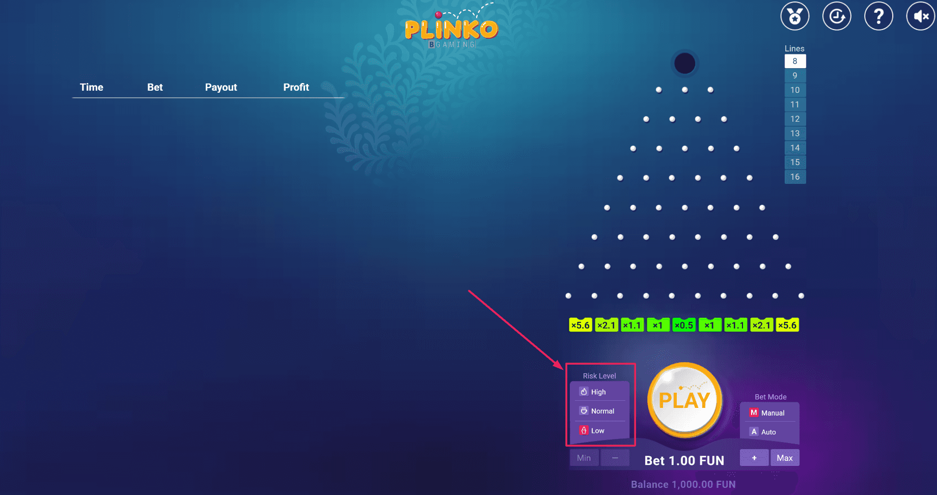 Interfaz de selección de nivel de riesgo Plinko con opciones Alto, Medio y Bajo
